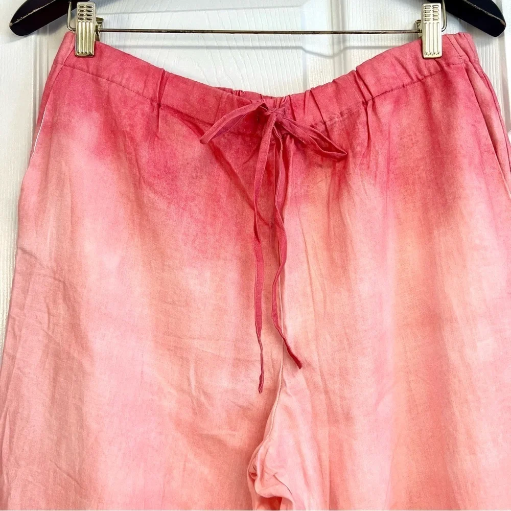 Zara Tie Dye Wide Leg Pants Linen Womens Size M Pink Rustic Hi Waist boho gypsy